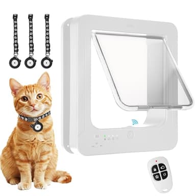 Smart Cat Door for Interior & Exterior, Cat Pet Door with 3 Collar Sensor Keys & 1 Remote Control & 4 Way Locking Cat Flap with RFID Collar Activated Opening