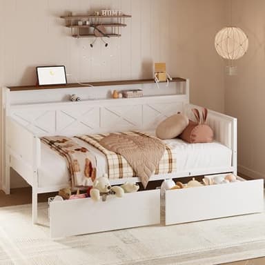 IRONCK Twin Size Daybed with Storage Drawers, Sturdy Metal Bed Frame with X-Shaped Headboard and Charging Station, Upholstered Farmhouse Daybed for Living Room, Bedroom, and Guest Room, White/Walnut