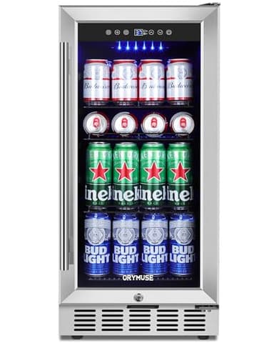 ORYMUSE 15 Inch Beverage Refrigerator, 130 Can Capacity Under Counter Fridge with Lock & Glass Door, Quiet Built-in or Freestanding Beer Cooler, Powerful Compressor for Fast Cooling