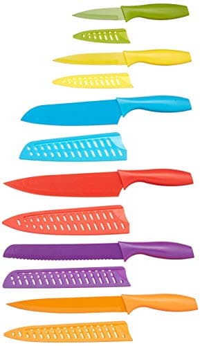 Amazon Basics Color-Coded Dishwasher Safe Kitchen Knife Set, 12-Piece with Ergonomic Handles, Non-stick Sharp Blades, 6 Knives with 6 Blade Guards, Multicolor, 13.88 x 4.13 x 1.38 inch