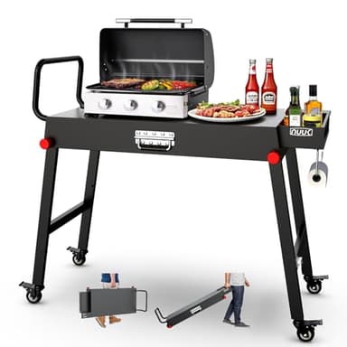 NUUK 31"x17" Heavy Duty Folding Grill Table Cart with Locking Wheels Side Shelves 300LBS Capacity for Griddles Pizza Ovens Outdoor Cooking Perfect for Outdoor Countertop and Grill Prep Table Use