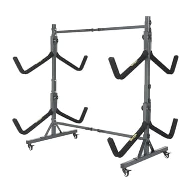 Bonnlo Freestanding Kayak Rack, Indoor Outdoor Storage Stand for 4 Kayak, Canoe, Boat, Paddle Board, SUP, Surfboard Width Adjustable Carrier Floor Holder with Lockable Wheels for Garage, Shed, Dock