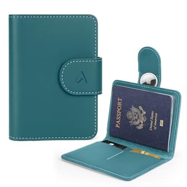 ALLIVE Rfid Passport Holder for Travel Women & Men, Passport Cover Wallet with AirTag Hidden, Genuine Leather Passport Holder Essential for Business Travel, Airport Security (Lake Blue)