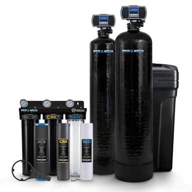 PRO+AQUA Elite 5-Stage Whole House Water Softener and Filter Bundle System for Well Water | Reduces Heavy Metals, Iron, Sulfur, Sediment, Chlorine, and More | Ideal for 3-4 Bathrooms (3 System Bundle)