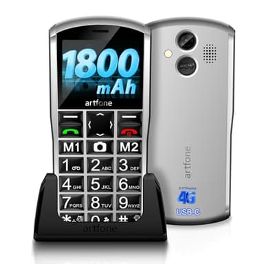 artfone Large Button Cell Phones for Seniors A400 Pro Silver - Unlocked Phones with SOS Button, 2MP Camera, Charging Station, 1800mAh, 3 Slots, Speed Dial, Volume Boost, Hands-Free, 2-Year Warranty