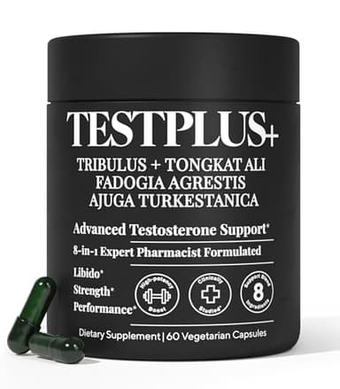 TESTPLUS+ 1,450mg 8-in-1 Testosterone Support for Men - High Strength Tongkat Ali, Fadogia Agrestis, Turkestanica & Tribulus - Natural Performance, Energy & Muscle Growth Formula (60 Capsules)