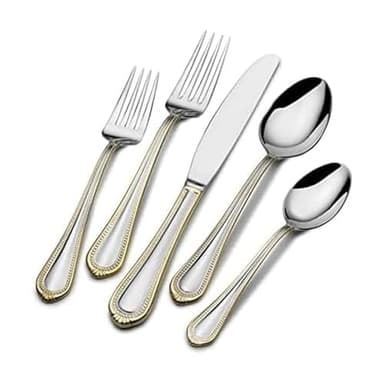Mikasa, Gold Accent Regent Bead Flatware Service for 12, 65 Piece Set, 18/10 Stainless Steel, Silverware Set with Serving Utensils