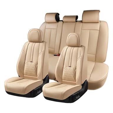 Coverado Seat Covers for Cars, 5 Seat Waterproof Seat Cover with Lumbar Support, Front and Rear Seat Covers, Luxury Leather Car Seat Protectors, Car Seat Cushions Universal Fit for Most Cars (Beige)