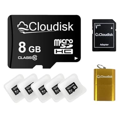 Cloudisk Pack of 5 Micro SD Card 8GB Flash Memory Card Micro SDHC C10 A1 U1 with SD Adapter, Card Reader (8 GB)