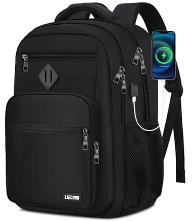 LIECDRO Black Backpack for Men, School Backpack for Boys Teens,15.6 inch Laptop Back Pack with USB Charging Port, Backpacks for School Business Work College Travel, College Book Bag, Bookbag