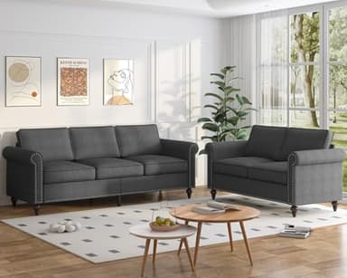 Mjkone 2 Pieces Living Room Sofa Set, Modern Sectional Sofa Couch and Loveseat Sets, Linen Sofas Couch Set, Wood Gourd Shape Legs & Frame, Nailhead Trim Design Sofas Couches for Living Room, Dark Grey