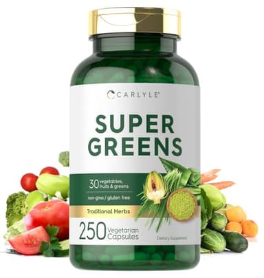 Carlyle Super Greens Capsules | 250 Count | Blend of 13 Vegetables and Greens Plus 17 Fruits | Non-GMO & Gluten Free Supplement