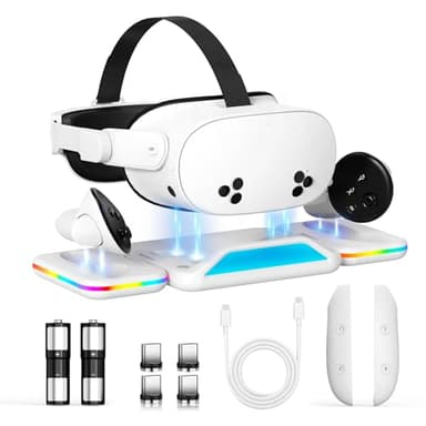 RGB Charging Dock for Oculus Quest 3S/3，Foldable Charging Station for Meta 3S VR Headset & Controllers, with 2 Rechargeable 2100mAh Batteries, Supports LED Indicator