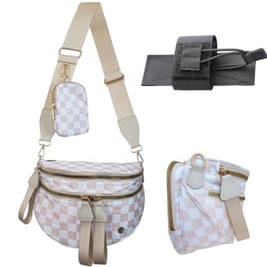 Security Carry Bum Bags Checkered Crossbody Fanny Packs Diaper Bag with RFID Pouch for CCW, EDC& Outdoor (Beige+white)