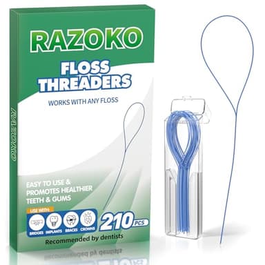 RAZOKO Dental Floss Threaders for Braces, Bridges, Implants & Crowns | Nylon Floss Threaders for Orthodontic Care | 210 Count (6 Packs) with Travel Case