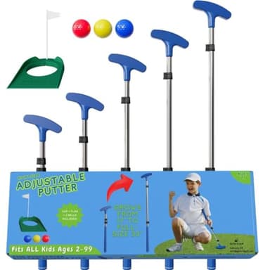 Go For It Golf Kids Putter - Extendable Shaft for Junior Golfers - Adjustable Size for Right and Left Hand - Perfect Training Club for Kids - Includes 3 Balls, Cup with Flag - Blue, 17"-35"