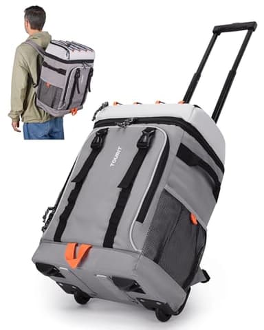 TOURIT 50 Cans Rolling Backpack, Double Deck & Dual-Bar Handle Travel Soft Cooler Bag with Wheels, 30L Space Beach Cooler Size 18"(15"+3")×13"×11",Grey