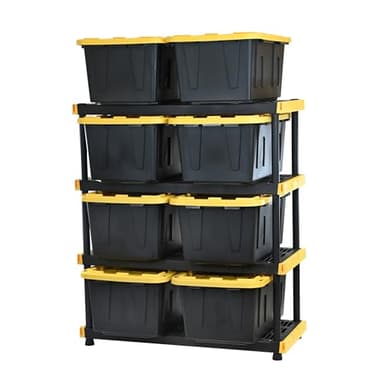 CX Black & Yellow 4-Tier Heavy Duty Storage Shelves and 8 Heavy Duty Storage Bins with Lids, 4 Shelves that Support up to 200lbs/shelf + 27 Gallon Containers (8-Pack), Organization and Storage