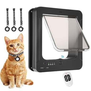 Smart Cat Door for Interior & Exterior, Cat Pet Door with 3 Collar Sensor Keys & 1 Remote Control & 4 Way Locking Cat Flap with RFID Collar Activated Opening