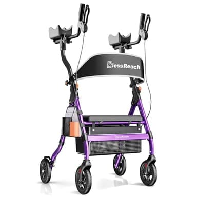 BlessReach Heavy Duty Upright Rollator Walker for Seniors with Seat, 450lb Capacity, 8" All-Terrain Wheels, 6 Height Adjustments, Padded Seat & Backrest, Easy Assembly, Foldable Design, Purple