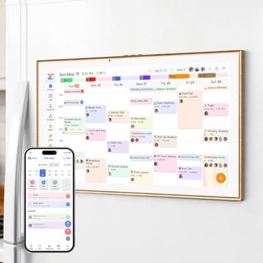 JSUSOU Magnetic Fridge Smart Digital Calendar 21.5" with FREE APP, Auto Sync Electronic Planner for Desk & Wall Touch Screen, Magnetic Refrigerator Mounted, Family Chore Chart, Teak Wood Grain