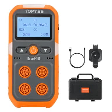 TopTes Guard-101 Gas Detector, 4 Gas Monitor for H2S, CO, LEL and O2, with Vibration, Visual and Audible Alarms, 14h Long Battery Life, Safety Explosion-Proof, for Work, Home - Orange