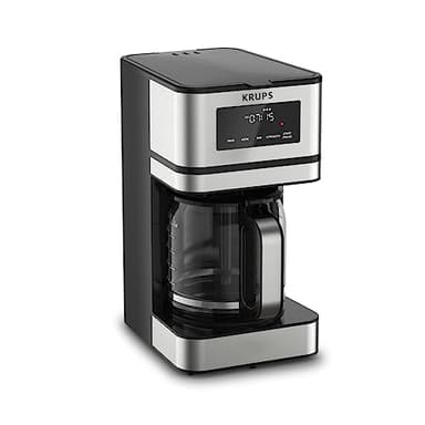 KRUPS Simply Brew: Stainless Steel and Glass Carafe 12 Cup Drip Coffee Maker, Programmable with Digital Display, Dishwasher Safe, Drip Free Coffee Machine, Black and Silver