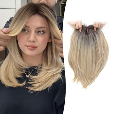 Megito Hair Topper 12inch Clip in Synthetic Hair Toppers for Women with Thinning Hair Layered 6.5"X6.5" Big Base Toppers Hair Pieces for Women Daily Use Blonde with dark root