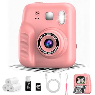 Kids Instant Print Camera, 1080P HD Kids Camera Instant Print, Includes 32GB SD Card, Adapter & 4 Paper Rolls,Christmas or Birthday Gift for Girls Boys Age 3-12（Pink）