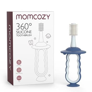 Momcozy Baby Toothbrush, Toddler Toothbrush 1-2, Infant Tooth Brush 6 to 12 Months and up, Oral Cleaner, Baby Tongue Cleaner, Blue