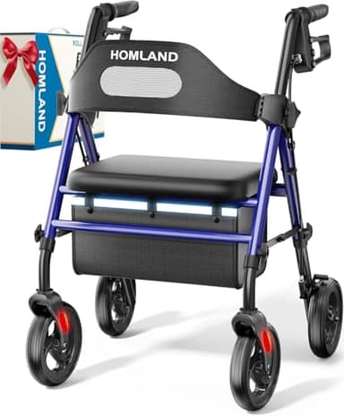 HOMLAND Foldable Rollator Walkers with Seat for Seniors, 8'' Big Wheels, 350 lb. Weight Capacity, Adjustable Handles and Seat Height, Lightweight Rolling Walker, Blue