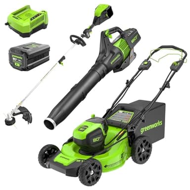 Greenworks 80V 21" Self-Propelled Cordless Lawn Mower + 580CFM Blower + 16" String Trimmer – 4.0Ah Battery & 60-Min Rapid Charger (75+ Compatible Tools)