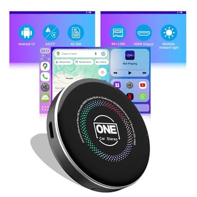 OneCarStereo CarPlay Ai Box HE Pro with Android 13 Octa-Core Chip 8+128GB, Wireless CarPlay Android Auto Adapter with YouTube Disney+ Apps, Support Video Output 4G SIM & Dual WiFi OTA Update (1)