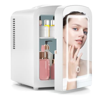 Xbeauty Skincare Mini Fridge With Dimmable LED Mirror, 4L Mini Makeup Refrigerator for SkinCare, Cosmetics, Food & Drinks, Portable Small Refrigerator for Bedroom, Dorm, Car, Office, White