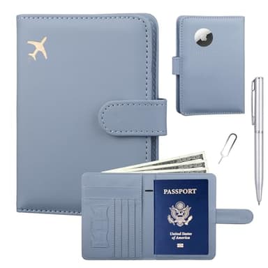GOAUS Passport Holder for Travel with AirTag Slot Cards Cash Pocket, Faux Leather Travle Wallet Gifts for Women Men RFID Blocking Book Case Blue, AirTag Not Included