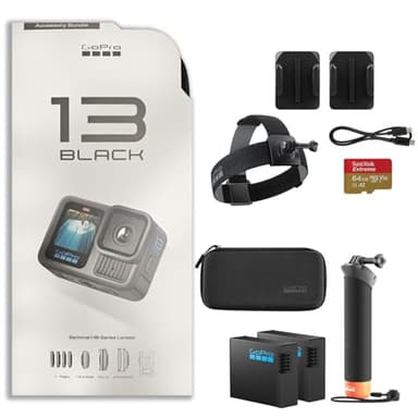 GoPro Hero13 Black 27MP Waterproof Action Camera - Special Accessory Bundle | 5.3K60 Ultra HD Video w/Handler, 2 Enduro 1900mAh Batteries, 64GB Extreme microSDXC Memory Card and Head Strap 2.0