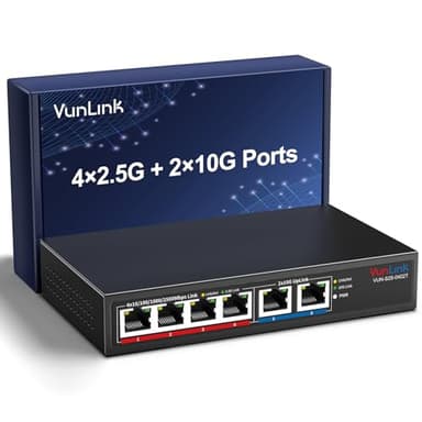 10Gb Ethernet Switch with 4 x 2.5GbE + 2 x 10GbE RJ45 Ports, VunLink 6 Port 10G/2.5G Multi-Gigabit Unmanaged Network Switch, Plug and Play, Fanless, Desktop/Wall-Mount, for Wireless AP, NAS, PC, Home