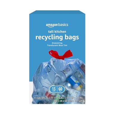 Amazon Basics Blue Recycling Drawstring Trash Bags, Tall Kitchen, Unscented, 13 Gallon, 60 Count