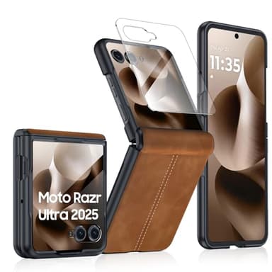 BSNRM for Motorola Razr Ultra 2025 Case Built-in Screen Protector & Hinge Protection & Ultra Thin PU Leather Matte PC Shockproof Phone Cover Smartphone Case for Moto Razr Ultra 2025 (Brown)