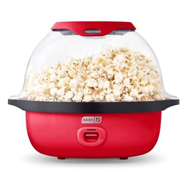 Dash SmartStore Deluxe Stirring Popcorn Maker - Hot Oil Electric Popcorn Popper with Butter-Warming Tray, Clear Serving Bowl, Storage Lid & Measuring Cup - 24 Cups, Red