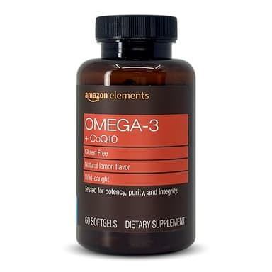 Amazon Elements Omega 3 Wild-caught Fish Oil + CoQ10 with Natural Lemon Flavor, EPA & DHA Omega-3 fatty acids, 60 Softgels (1250 mg Omega 3s and 100 mg CoQ10 per serving)