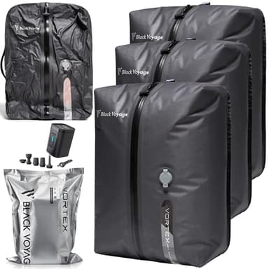 Black Voyage Reusable Vacuum Compression Travel Bag for Carry-On Suitcase and Backpack, Recycled IP67 Waterproof Space Saver Vacpack (3-Pack, 18L - Pump Included)