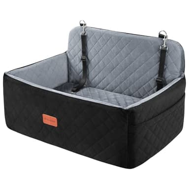 HEGGCOOE Dog Car Seat for Medium/Large Dogs, Pet Booster Seat for Under 55 lbs or 2 Small Dogs, Detachable & Washable Dog Car Bed for Backseat with 2 Safety Leashes (Black/Grey)