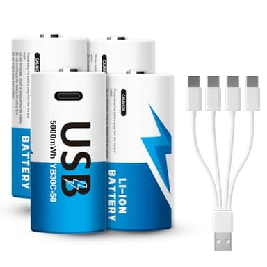 YUEBVIWIE Rechargeable C Batteries 4 Pack, 5000mWh 1.5V Lithium C Cell Batteries with USB-C 4-in-1 Charging Cable, 1500+ Cycles, LR14 Long-Lasting Batteries for Flashlights, Toys, Radios