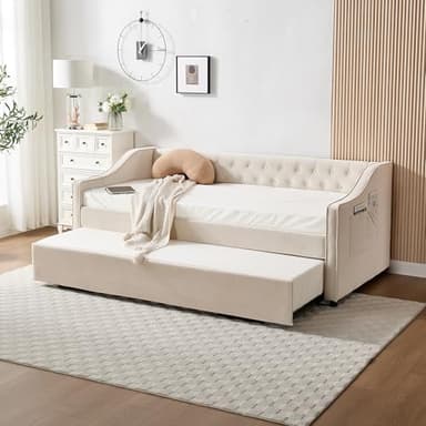 DNYN Button Tufted Design Daybed with Pop-up Trundle & USB Ports for Bedroom Guest Room, Space-Saving Twin Size Velvet Sofabed Frame with Side Storage Pockets, No Box Spring Needed/Easy Assemble
