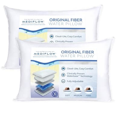Mediflow Fiber Water Pillow - Adjustable for Neck Pain Relief, Pillow for Side, Back, and Stomach Sleepers, The Original Inventor of The Water Pillow, Clinically Proven Bed Pillow (2 Packs)