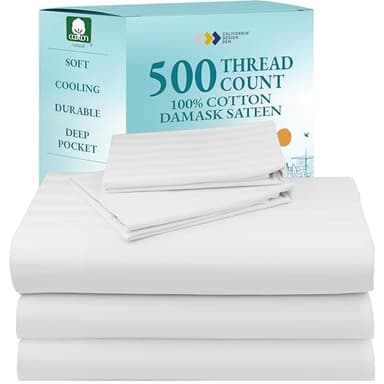 Luxury Split King Sheets Set For Adjustable Bed, 100% Cotton 500 Thread Count Sateen, Snug Fit, Set with Twin-XL Fitted Sheets, Damask Stripe Bedsheets (Split King, Stripe - White)