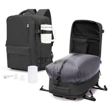 VECAVE Vacuum Backpack Travel with Pump for Women, Personal Item Carry on Backpacks Flight Approved for Men,Laptop Waterproof Work Compression bags Casual Daypack Black