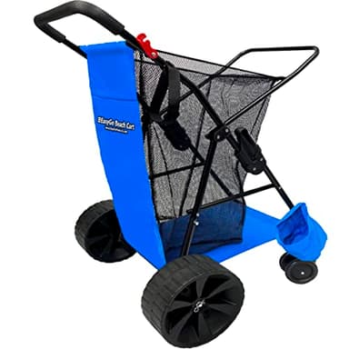 EasyGo Beach Cart Heavy Duty Folding Ocean Utility Wagon Large Sand Wheels Holds 4 Folding Chairs Storage Pouch Umbrella Holder - Basic Solid Blue