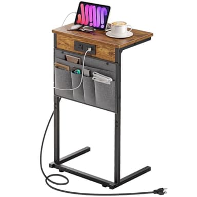 HOOBRO C Shaped End Table with Charging Station, 28" H Couch Side Table Slide Under, Sofa Arm Tray Table with Storage Bag for Living Room, Recliner, Rustic Brown BF70USF01